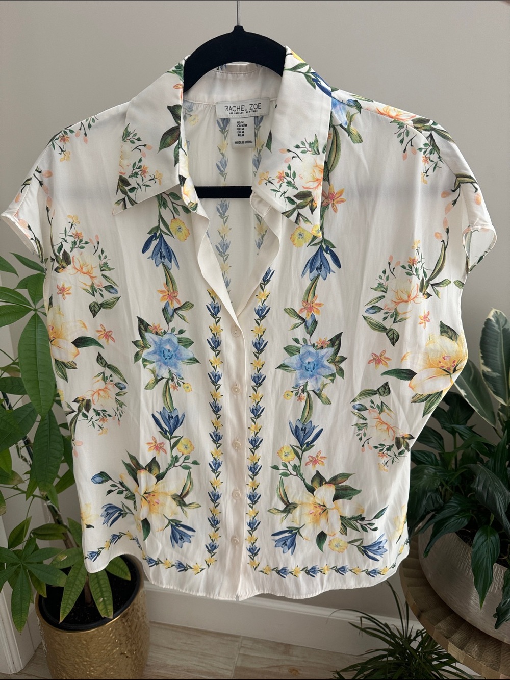 Rachel Zoe Cream Floral Short-Sleeve Button Front Blouse